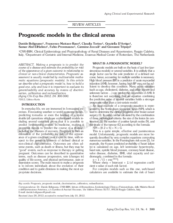 (PDF) Prognostic models in the clinical arena Aging Clinical and ...