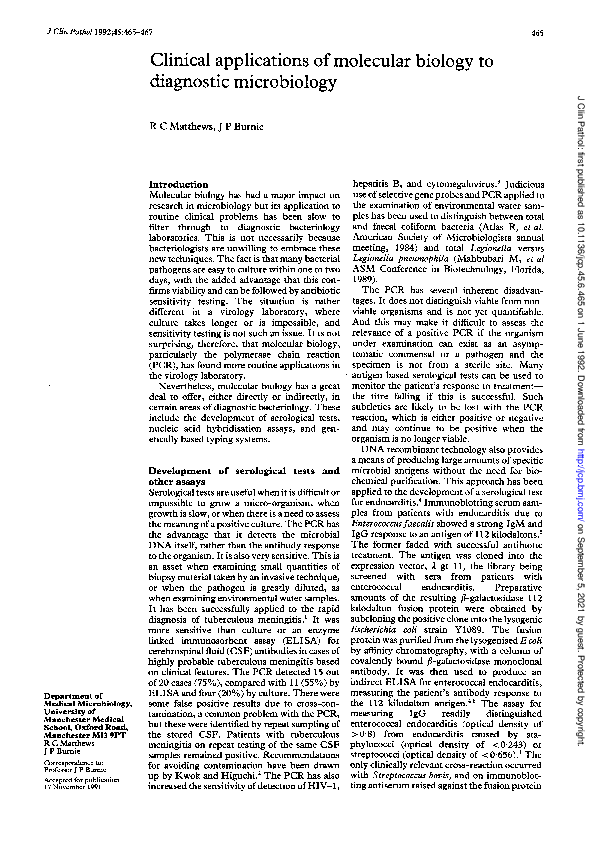 (PDF) Clinical applications of molecular biology to diagnostic microbiology