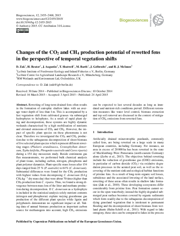(PDF) Changes of the CO 2 and CH 4 production potential of rewetted ...