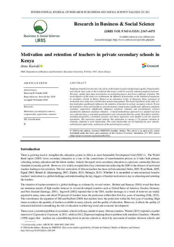 (PDF) Motivation and retention of teachers in private secondary schools ...