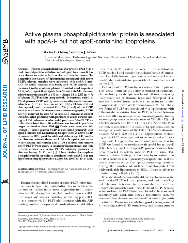 (PDF) Active plasma phospholipid transfer protein is associated with ...
