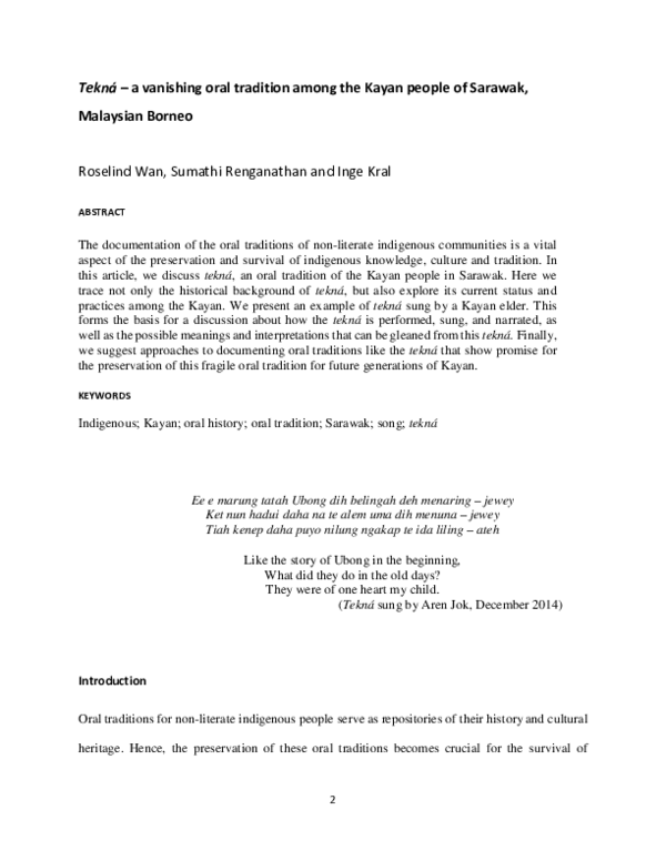 (PDF) Tekná – a vanishing oral tradition among the Kayan people of ...
