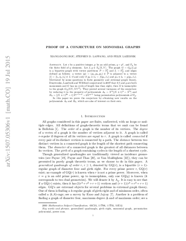 (PDF) Proof of a conjecture on monomial graphs