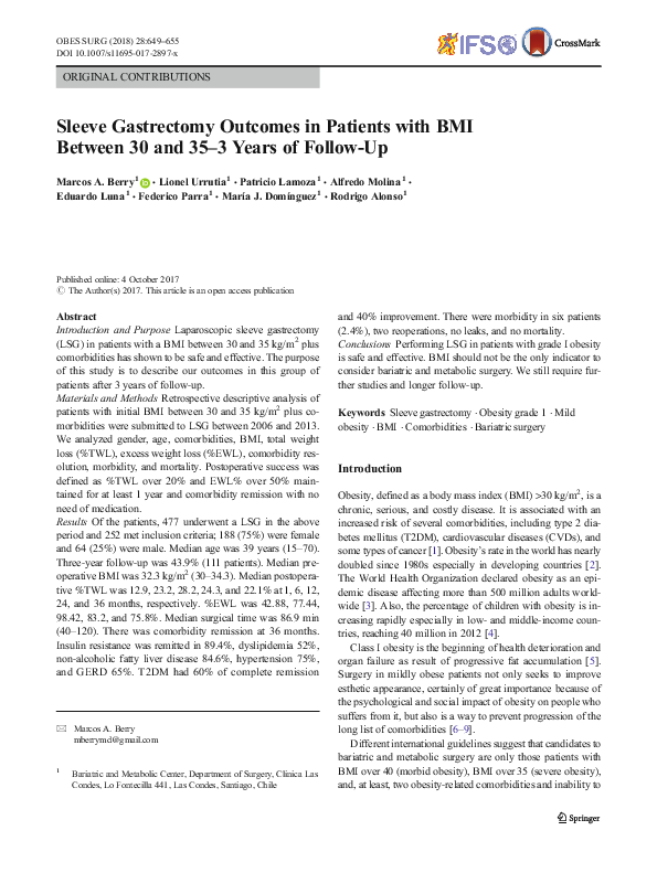 (PDF) Sleeve Gastrectomy Outcomes in Patients with BMI Between 30 and ...