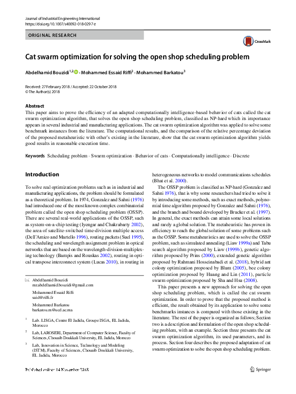 (PDF) Cat swarm optimization for solving the open shop scheduling problem