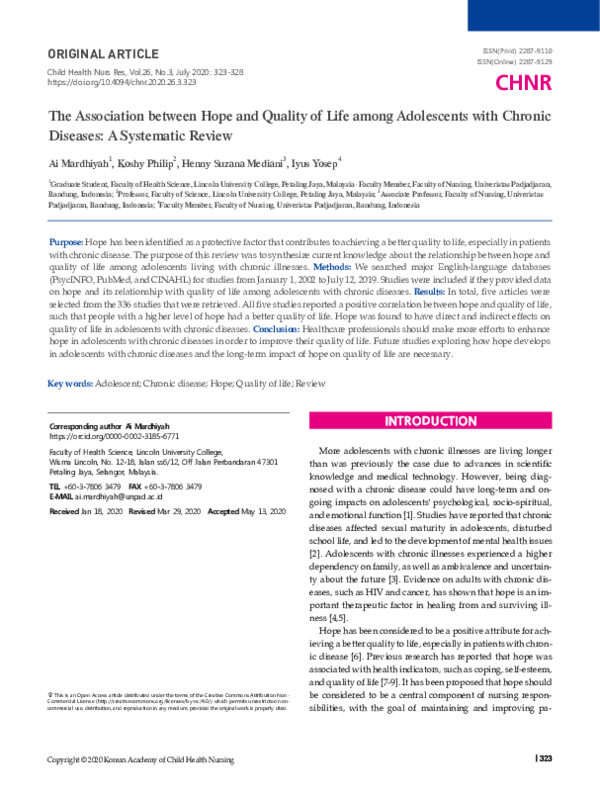 (PDF) The Association between Hope and Quality of Life among ...