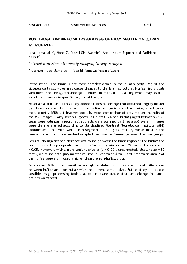 (PDF) Voxel-Based Morphometry Analysis of Gray Matter on Quran Memorizers