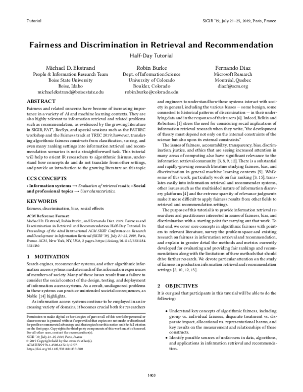 (PDF) Fairness and Discrimination in Retrieval and Recommendation