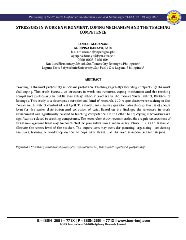 (PDF) STRESSORS IN WORK ENVIRONMENT, COPING MECHANISM AND THE TEACHING ...