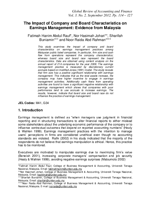 (PDF) The Impact of Company and Board Characteristics on Earnings ...