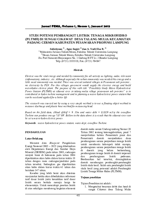 (PDF) Studi Potensi Pembangkit Listrik Tenaga Mikrohidro (PLTMH) DI ...