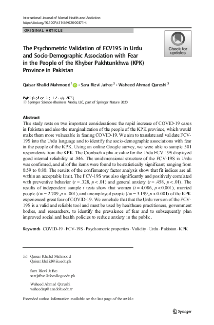 (PDF) The Psychometric Validation of FCV19S in Urdu and Socio ...