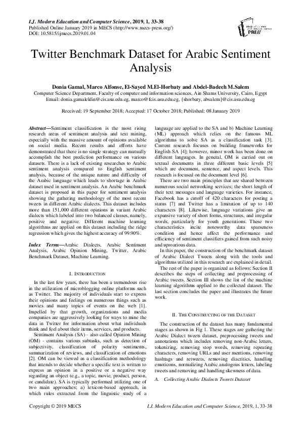 (PDF) Twitter Benchmark Dataset for Arabic Sentiment Analysis