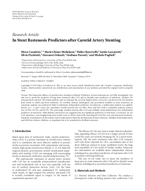 (PDF) In Stent Restenosis Predictors after Carotid Artery Stenting