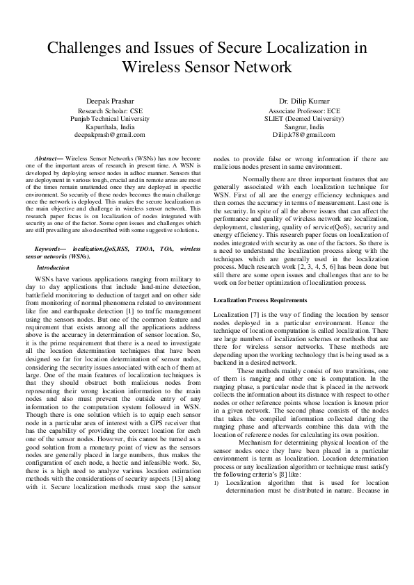 (PDF) Challenges and Issues of Secure Localization in Wireless Sensor ...