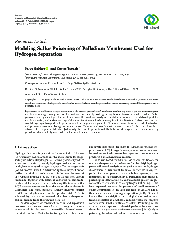 (PDF) Modeling Sulfur Poisoning of Palladium Membranes Used for ...