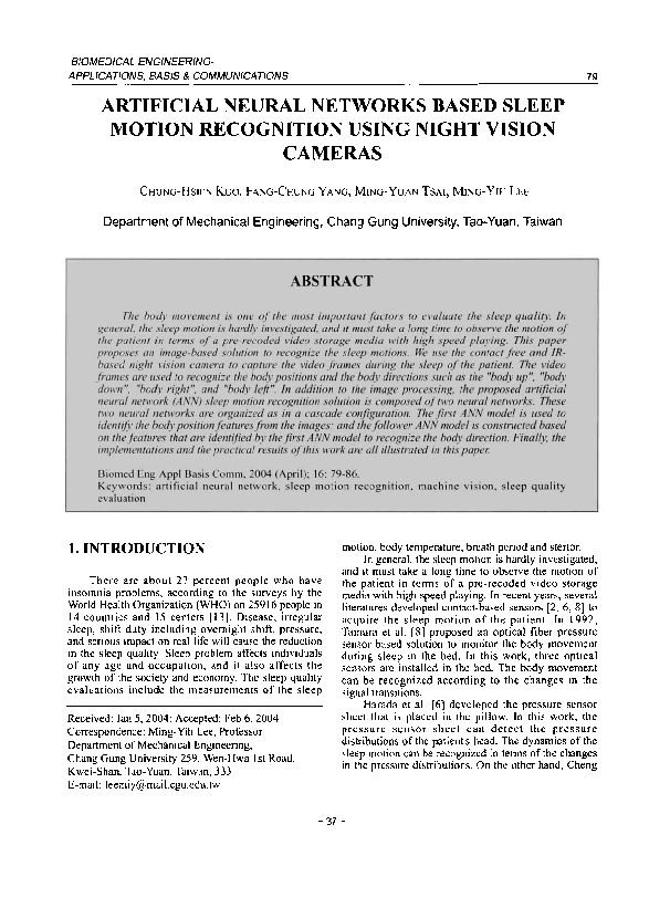 (PDF) Artificial Neural Networks Based Sleep Motion Recognition Using ...