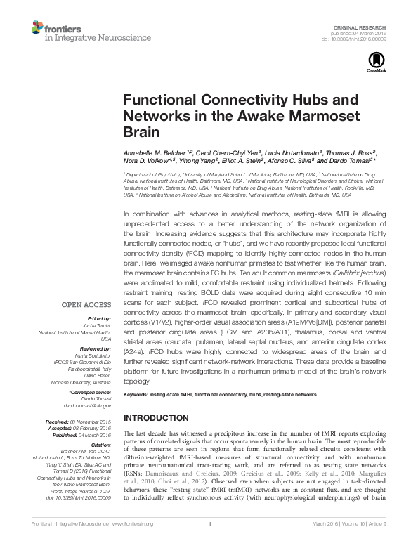 (PDF) Functional Connectivity Hubs and Networks in the Awake Marmoset Brain