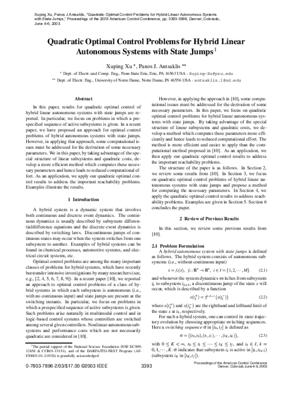(PDF) Quadratic optimal control problems for hybrid linear autonomous ...
