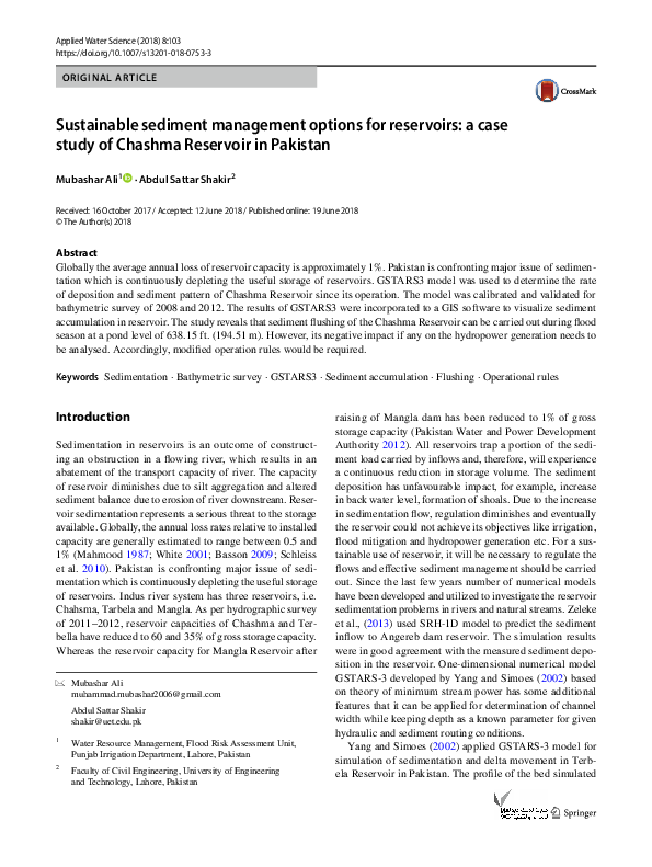 (PDF) Sustainable sediment management options for reservoirs a case