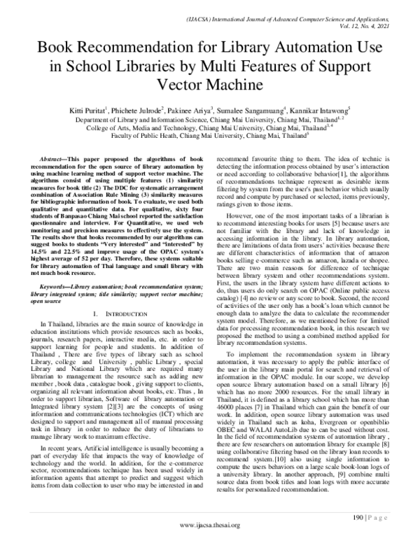 (PDF) Book Recommendation for Library Automation Use in School ...