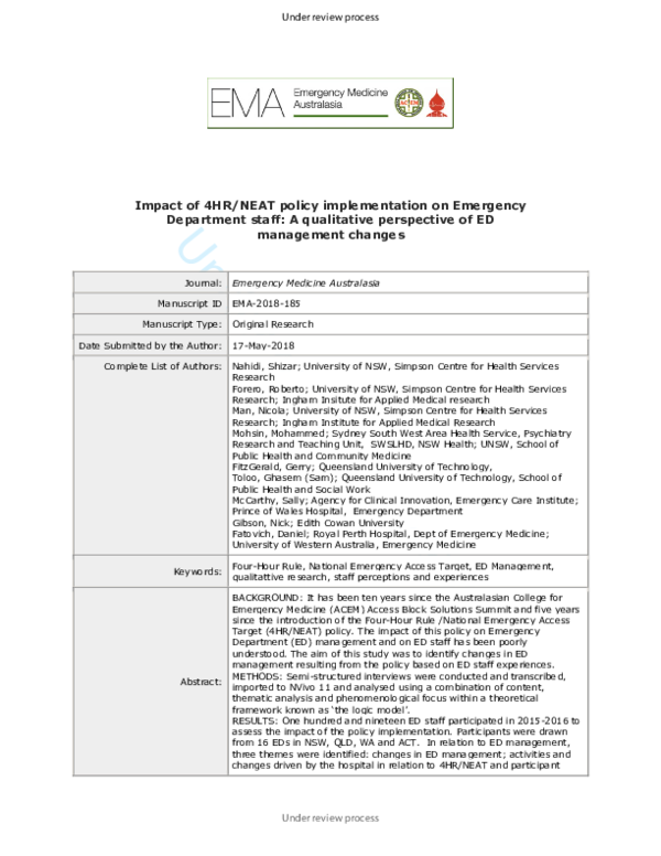 (PDF) Impact of the FourHour Rule/National Emergency Access Target