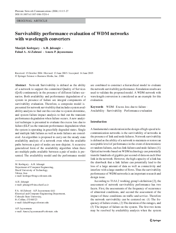 (PDF) Survivability Performance Evaluation of WDM Networks with ...