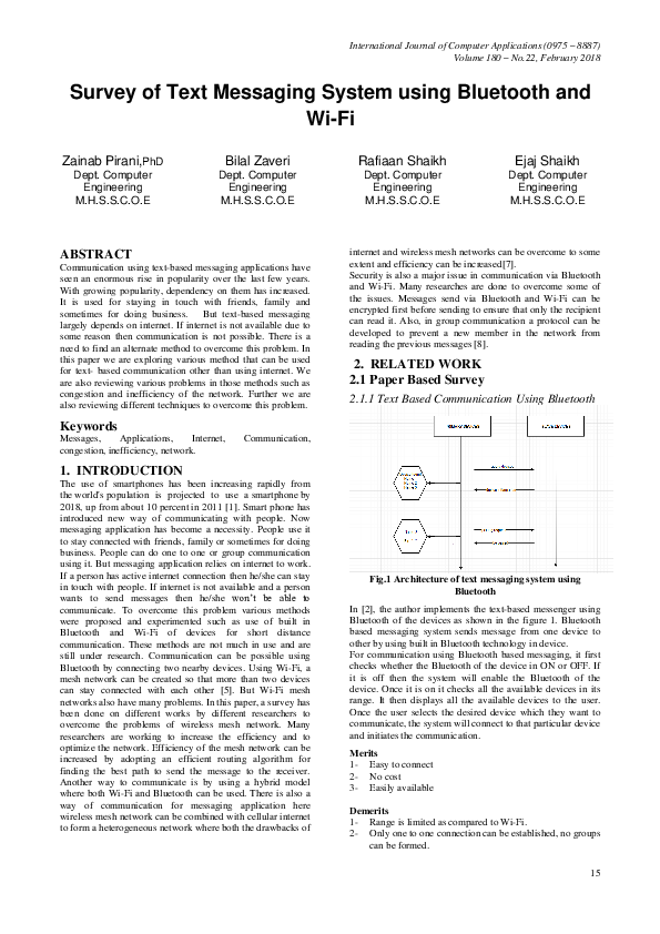 (PDF) Survey of Text Messaging System using Bluetooth and Wi-Fi