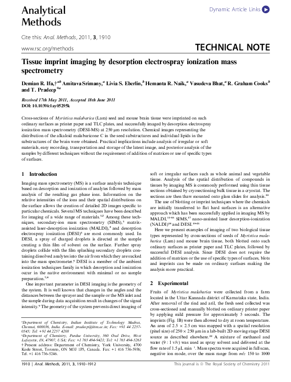 (PDF) Tissue imprint imaging by desorption electrospray ionization mass ...