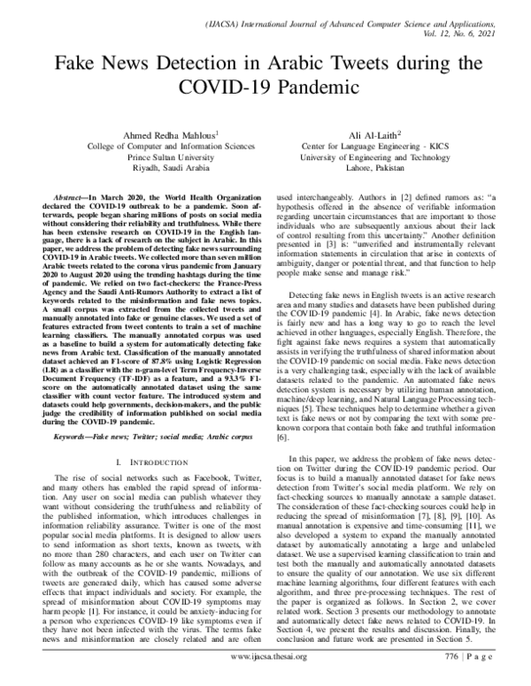 (PDF) Fake News Detection in Arabic Tweets during the COVID-19 Pandemic