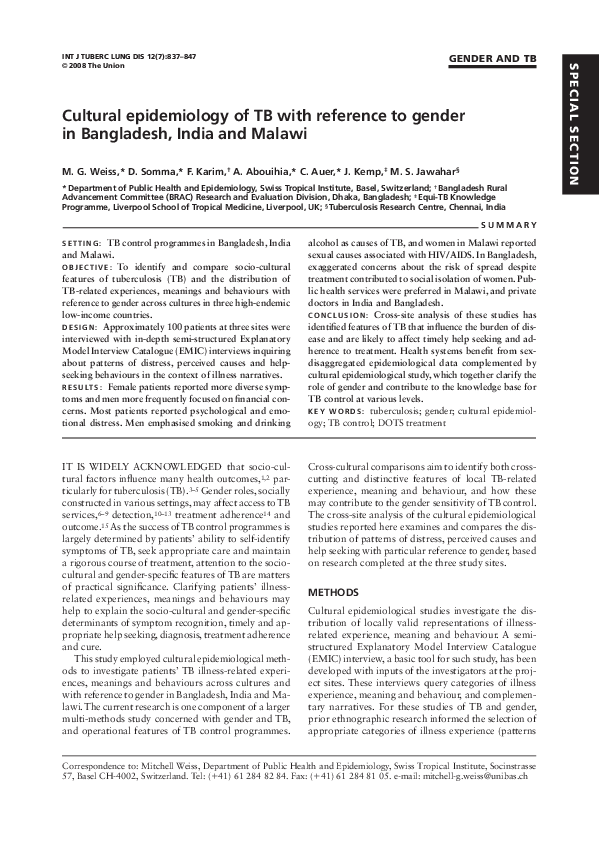 (PDF) Cultural epidemiology of TB with reference to gender in ...