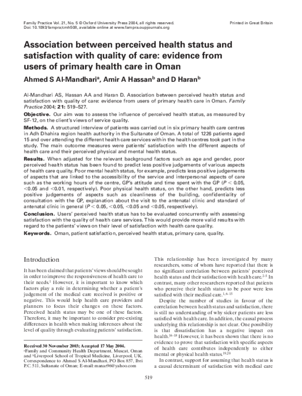 (PDF) Association between perceived health status and satisfaction with ...