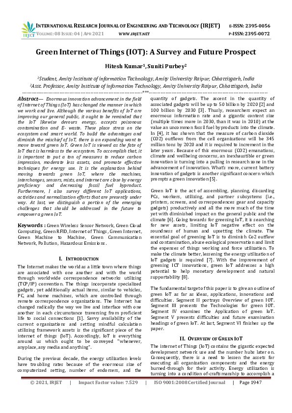 (PDF) IRJET- Green Internet of Things (IOT): A Survey and Future Prospect
