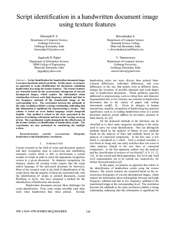 (PDF) Script identification in a handwritten document image using ...
