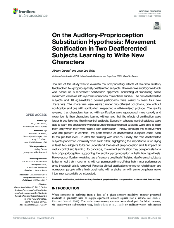 (PDF) On the Auditory-Proprioception Substitution Hypothesis: Movement ...