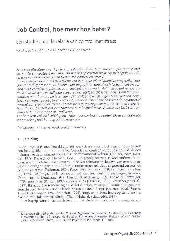 Job Control, hoe meer, hoe beter? Een studie naar de relatie van job control met stress