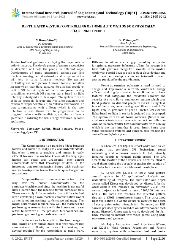 (PDF) IRJET- Depth based Gesture Controlling of Home Automation for ...