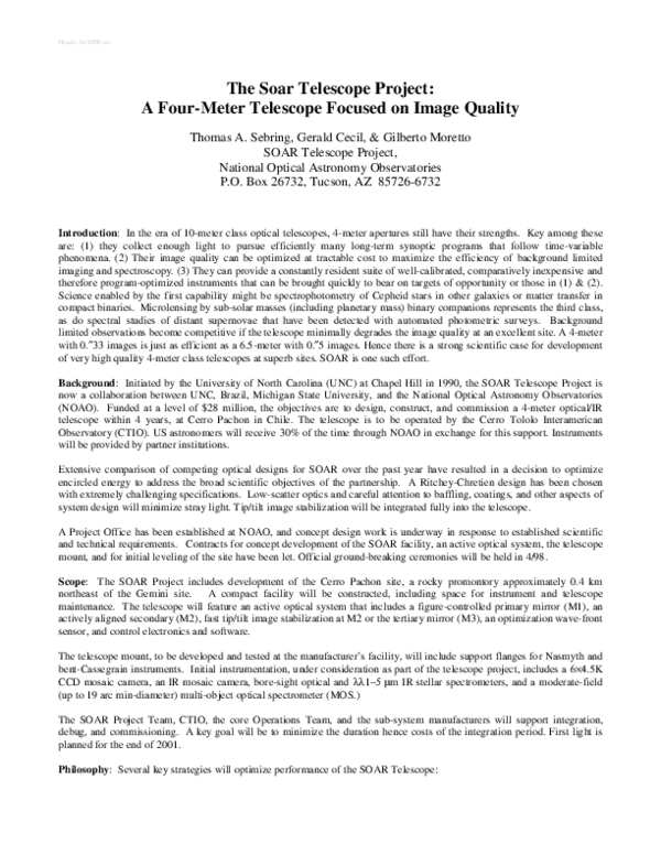(PDF) SOAR Telescope Project: a four-meter telescope focused on image ...