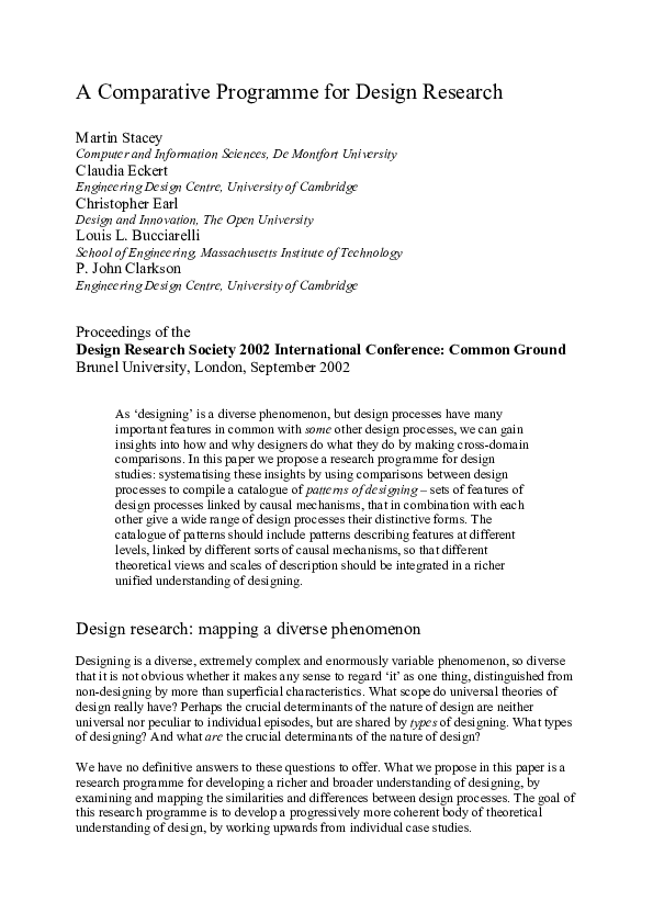 (PDF) A comparative programme for design research | Claudia Eckert ...