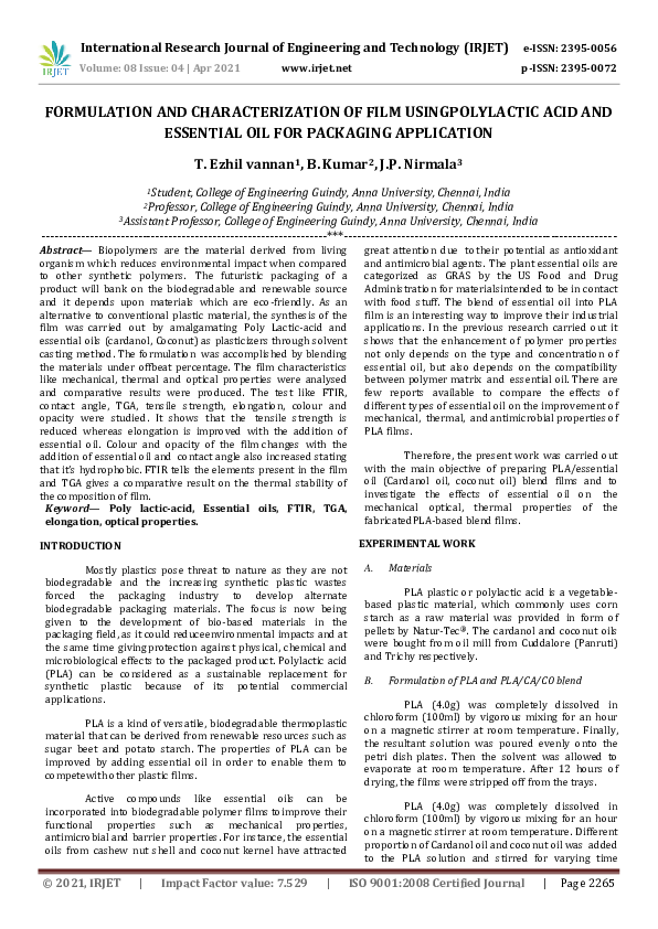 (PDF) IRJET- FORMULATION AND CHARACTERIZATION OF FILM USING POLYLACTIC ...