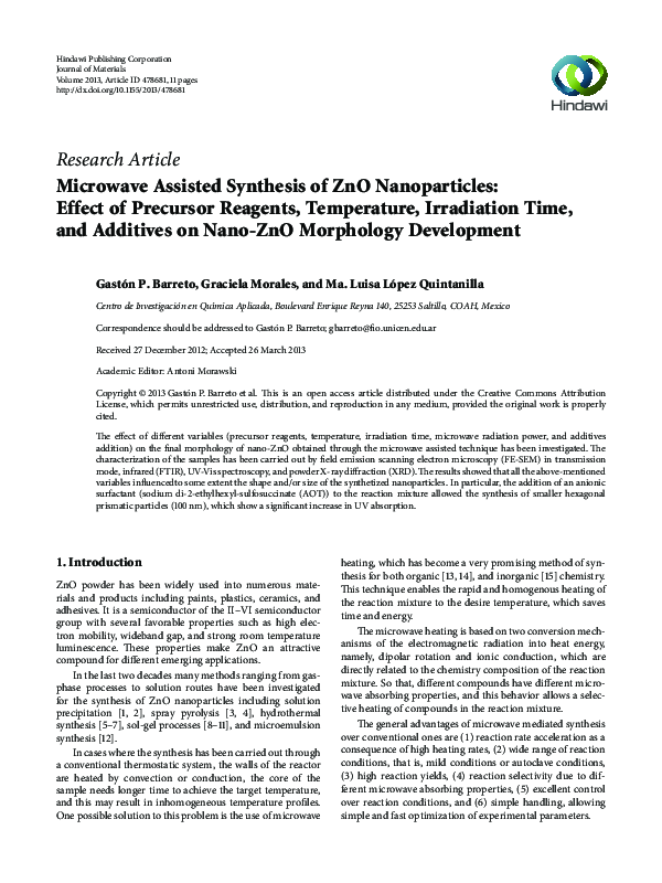 (PDF) Microwave Assisted Synthesis of ZnO Nanoparticles: Effect of ...