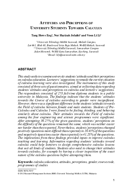 (PDF) Attitudes and perceptions of university students towards calculus