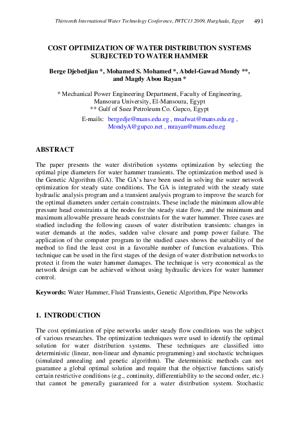 (PDF) Cost Optimization of Water Distribution Systems Subjected to ...