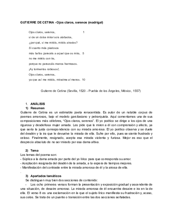 (PDF) GUTIERRE DE CETINA «Ojos claros, serenos» (madrigal); análisis y