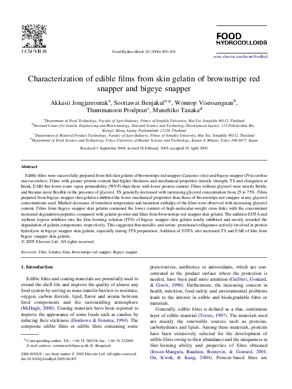 (PDF) Characterization of edible films from skin gelatin of brownstripe ...