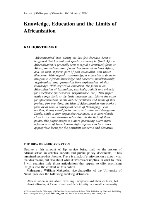 (PDF) Knowledge, Education and the Limits of Africanisation