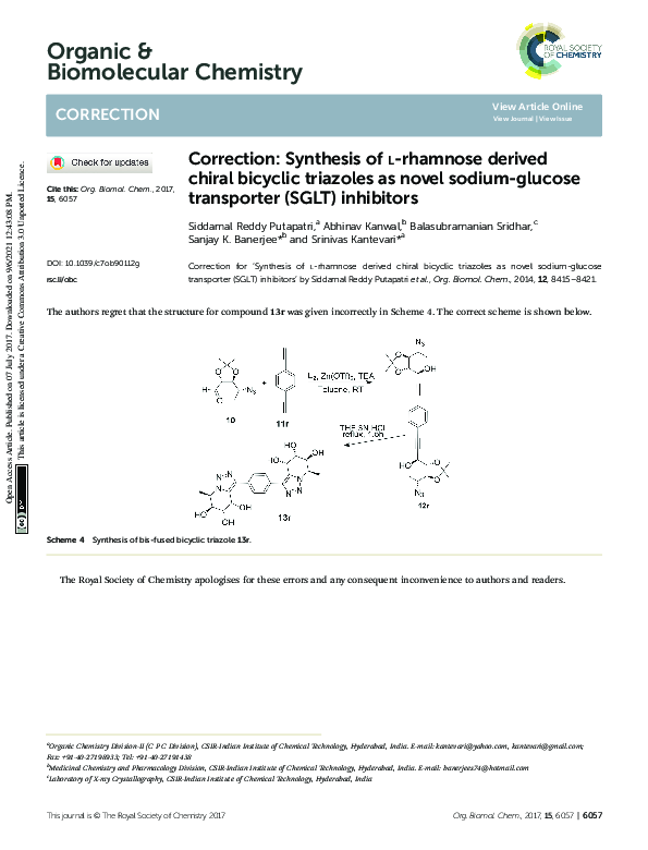 Correction: Synthesis of l-rhamnose derived chiral bicyclic triazoles as novel sodium-glucose transporter (SGLT) inhibitors