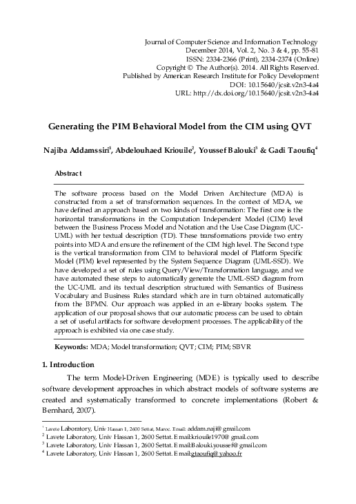 (PDF) Generating the PIM Behavioral Model from the CIM using QVT