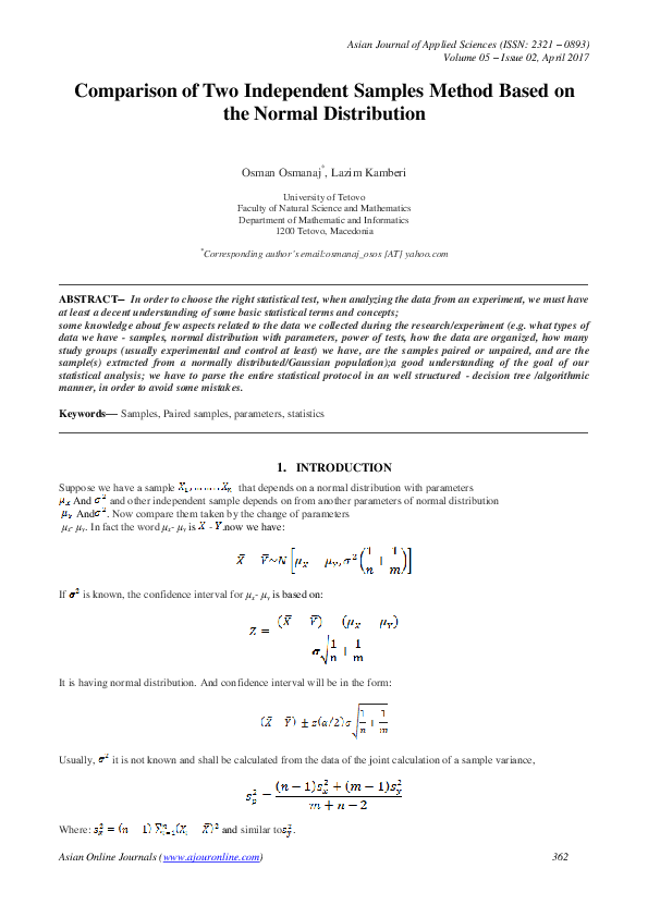 (PDF) Comparison of Two Independent Samples Method Based on the Normal ...