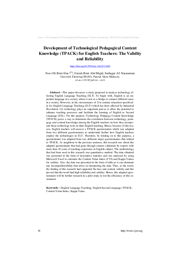 (PDF) Development of Technological Pedagogical Content Knowledge (TPACK ...